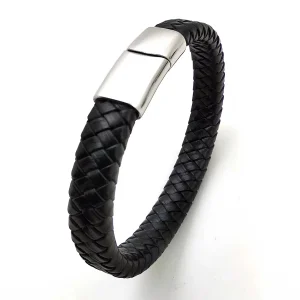 Men's Black Leather Bracelet with Stainless Steel Magnetic Buckle