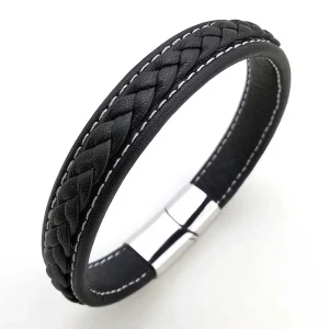 Minimalist Stainless Steel Leather Bracelet Magnetic Closure for Men