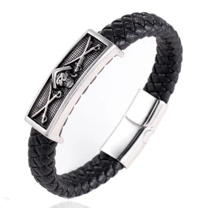 Mens Stainless Steel Black Leather Bracelet with Strong Magnetic Clasp