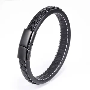 Vintage Stainless Steel Leather Bracelet Magnetic Clasp Mens Gift