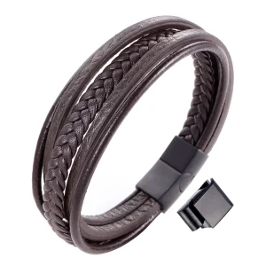 Braided Leather Bracelet Stainless Steel Magnetic Clasp for Men