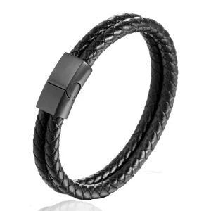 Mens Wide Leather Bracelet Stainless Steel Magnetic Closure