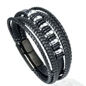 Sleek Stainless Steel Magnetic Clasp Leather Bracelet for Men