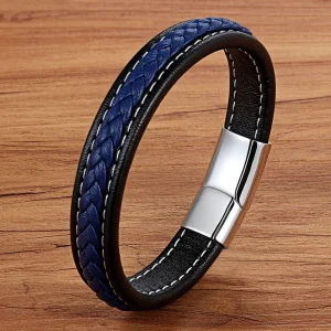 Stainless Steel Black Leather Bracelet Magnetic Clasp Mens Fashion