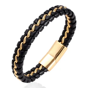 Rugged Mens Leather Bracelet Stainless Steel Magnetic Closure