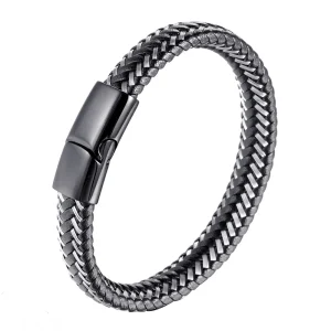 Premium Stainless Steel Magnetic Clasp Leather Bracelet for Men