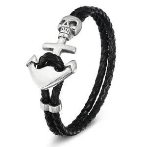 Mens Black Leather Bracelet with Stainless Steel Magnetic Buckle
