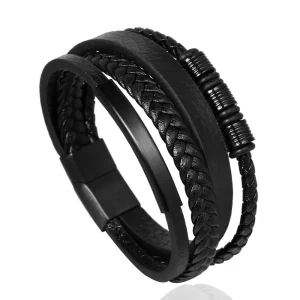 Simple Stainless Steel Leather Bracelet Magnetic Clasp Daily Wear Men