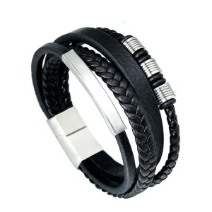 Cool Mens Stainless Steel Leather Bracelet Strong Magnetic Clasp