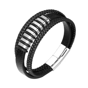Genuine Cowhide Leather Bracelet Stainless Steel Magnetic Clasp for Men