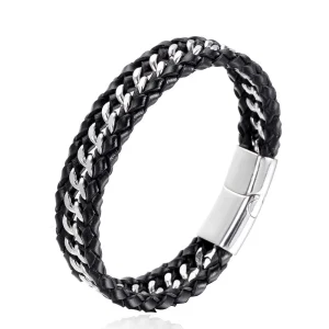 Mens Punk Style Leather Bracelet Stainless Steel Magnetic Buckle