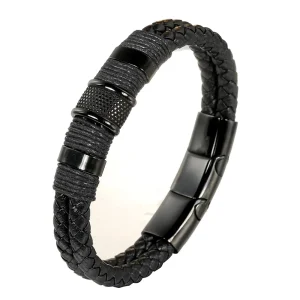 Elegant Mens Leather Bracelet Stainless Steel Magnetic Closure