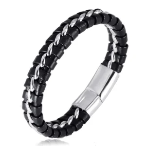 Durable Stainless Steel Leather Bracelet Magnetic Clasp Mens Jewelry