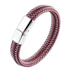 Mens Thin Leather Bracelet with Stainless Steel Magnetic Clasp