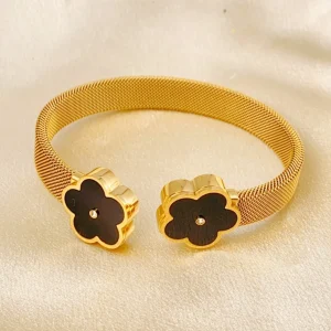 Stainless Steel Gold Mesh Cuff Bangle Bracelet With Flower Ending