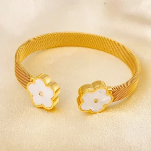 White Flower Stainless Steel Gold Mesh Cuff Bangle Bracelet