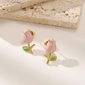 Pink Rose Flower Stud Earrings Stainless Steel for Women Feminine