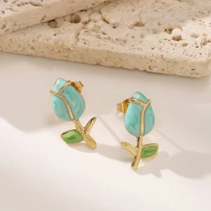 Blue Rose Flower Stud Earrings Stainless Steel Gold Plated for Women