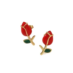 Red Rose Flower Gold Stainless Steel Stud Earrings for Women Feminine