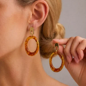 Timeless Gold Stud Earrings With Resin Pendant Stainless Steel Classic Elegance