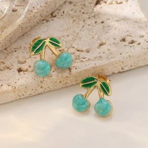 Cherry Design Gold Stud Earrings Stainless Steel for Women Anti-Tarnish Waterproof