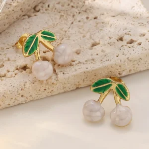 Leaf And Cherry Gold Stud Earrings for Women Stainless Steel Nature Inspired