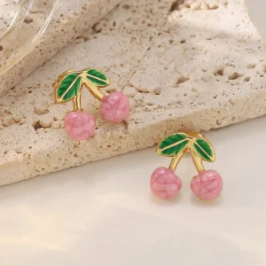 Cherry Gold Stud Earrings for Women Stainless Steel Cute Spring Style