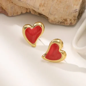 Red Heart Stud Earrings Gold Plated Stainless Steel for Women Cute