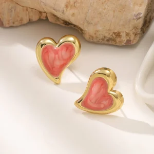 Heart Shaped Gold Stud Earrings for Women Pink Enamel Stainless Steel Jewelry