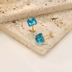 Bezel CZ Gold Stud Earrings for Women Stainless Steel Minimalist Sparkle