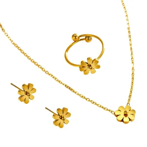 Gold Plated Stainless Steel Necklace Earrings Bracelet Set