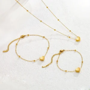 Stainless Steel Bead Chain Heart Choker Bracelet Anklet Jewelry Set