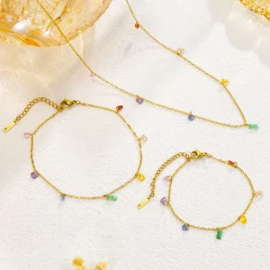 Stainless Steel Colorful Stone Charms Necklace Bracelet Anklet Jewelry Set