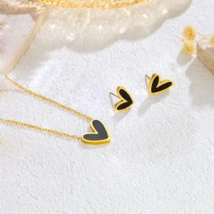 Stainless Steel Lovely Heart With Shell Necklace Earrings Matching Set