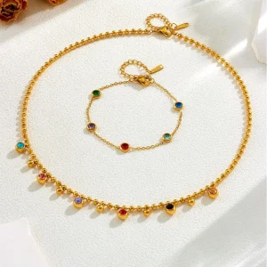 Stainless Steel Gold Plated Stone Charms Necklace Bracelet Set