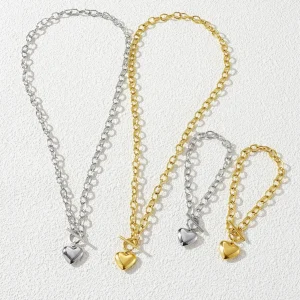 Thick Stainless Steel Chain Bracelet Necklace Heart Jewelry Set