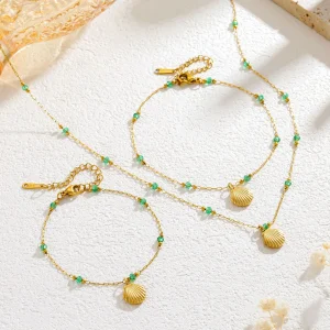 Stainless Steel Mother Of Pearl Beads Necklace Anklet Bracelet Set