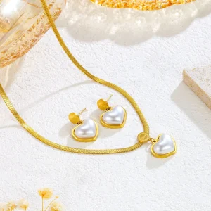 Classic Stainless Steel Pearl Necklace Earrings Jewelry Set