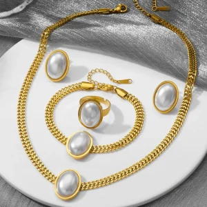 Stainless Steel Oval Pearl Pendant Necklace Earrings Personalized Set